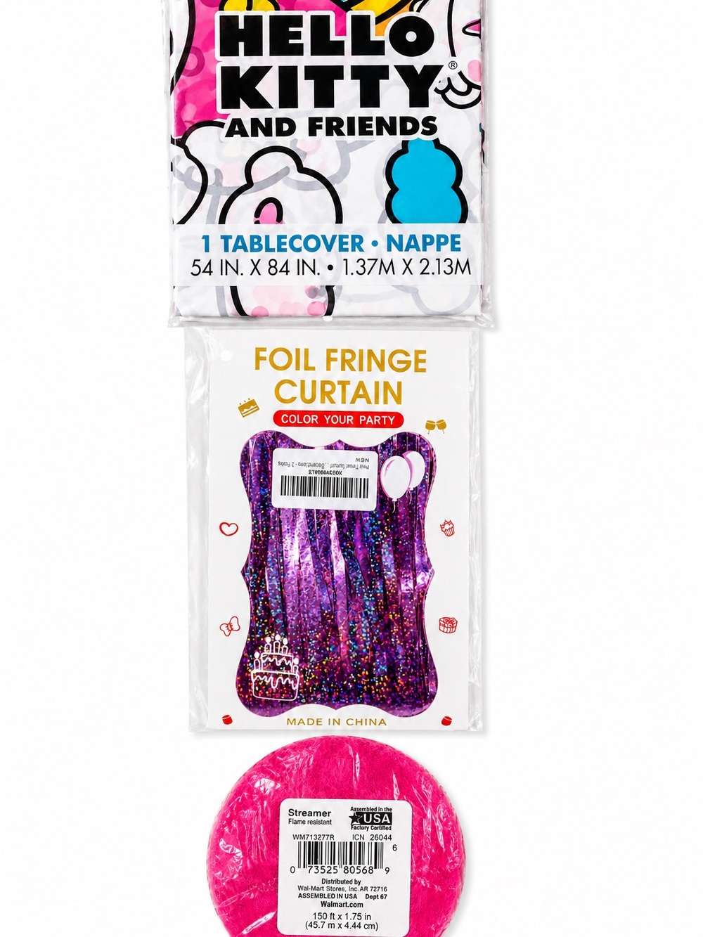 Hello Kitty Party Decor Bundle –Table Cover, Pink Foil Fringe Curtain & Streamer